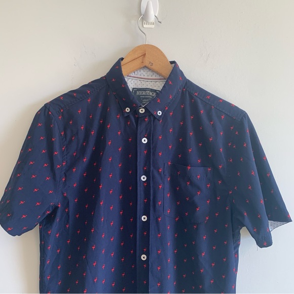 Report Collection Navy Flamingo Button Front Short Sleeve Shirt - Picture 5 of 13